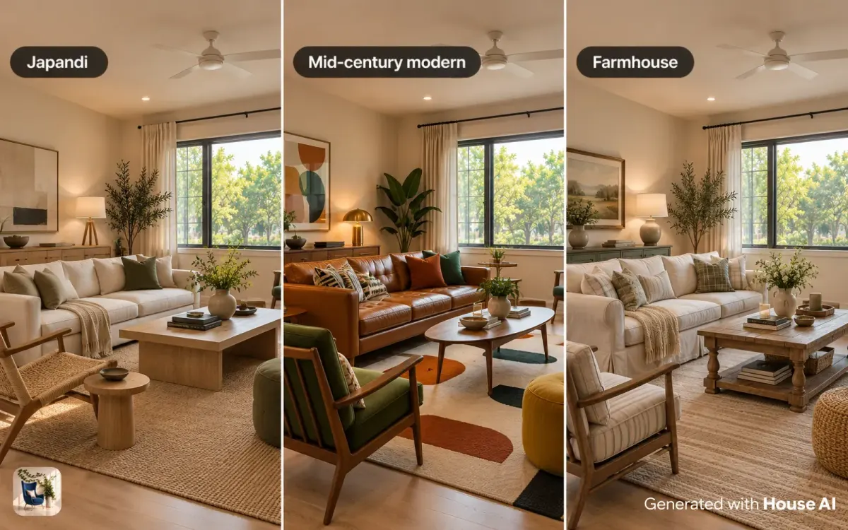 The same living room in Japandi, mid-century modern, and farmhouse styles, side by side as a brief for a designer