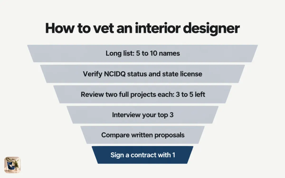 Funnel diagram of the vetting process, from a long list of names down to one designer with a signed contract
