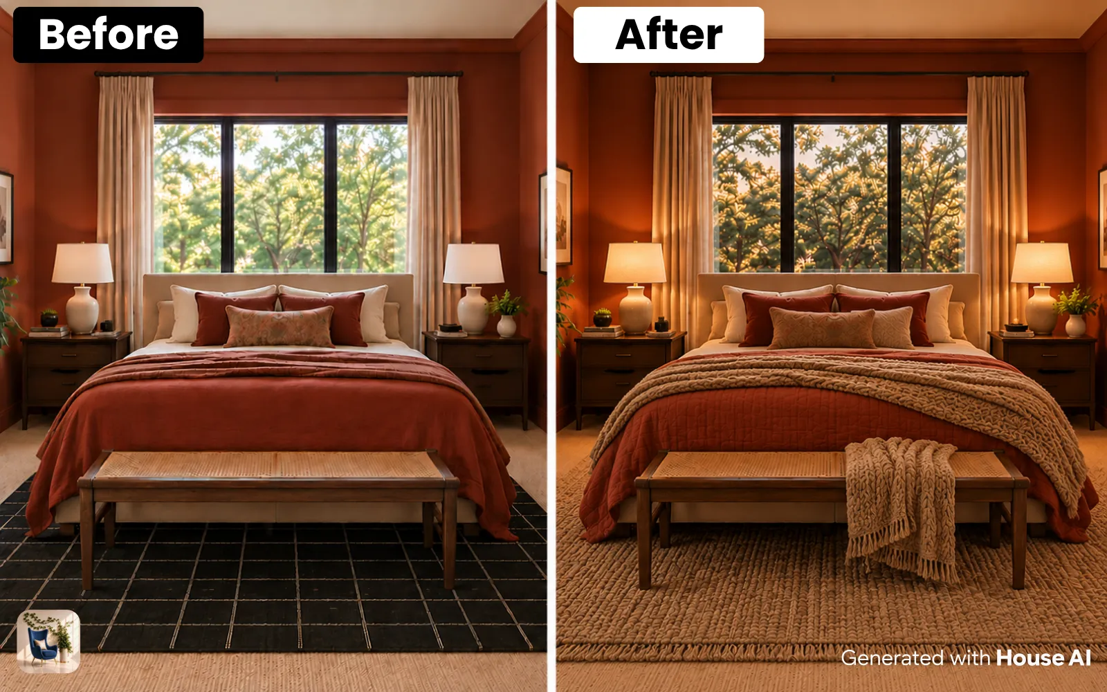 A bedroom before and after a warmer restyle, with a quilt and wool throw on the bed, two lit lamps, and a rug