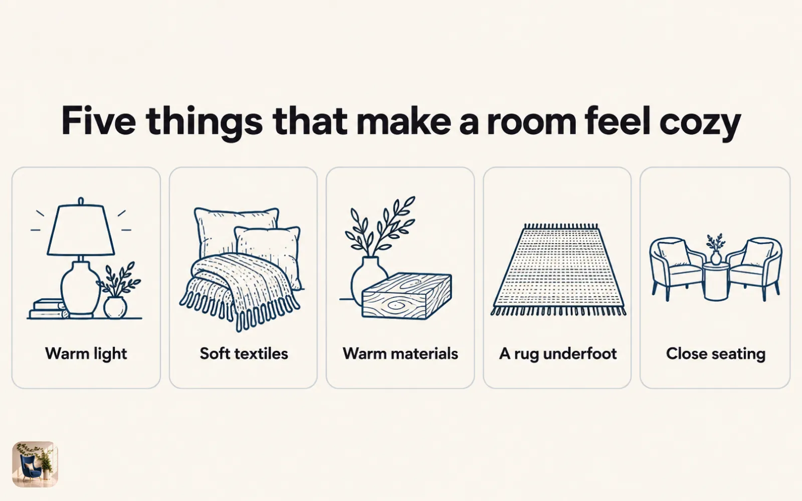 Diagram of five things that make a room feel cozy: warm light, soft textiles, warm materials, a rug, and close seating