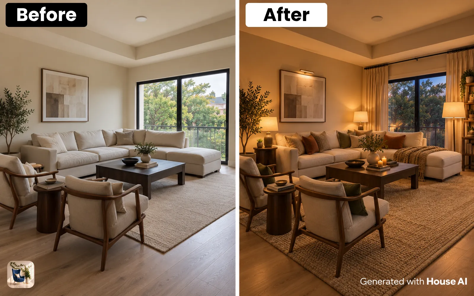 A living room before and after a warmer restyle, with lit table lamps, a wool throw, and a large rug under the sofa