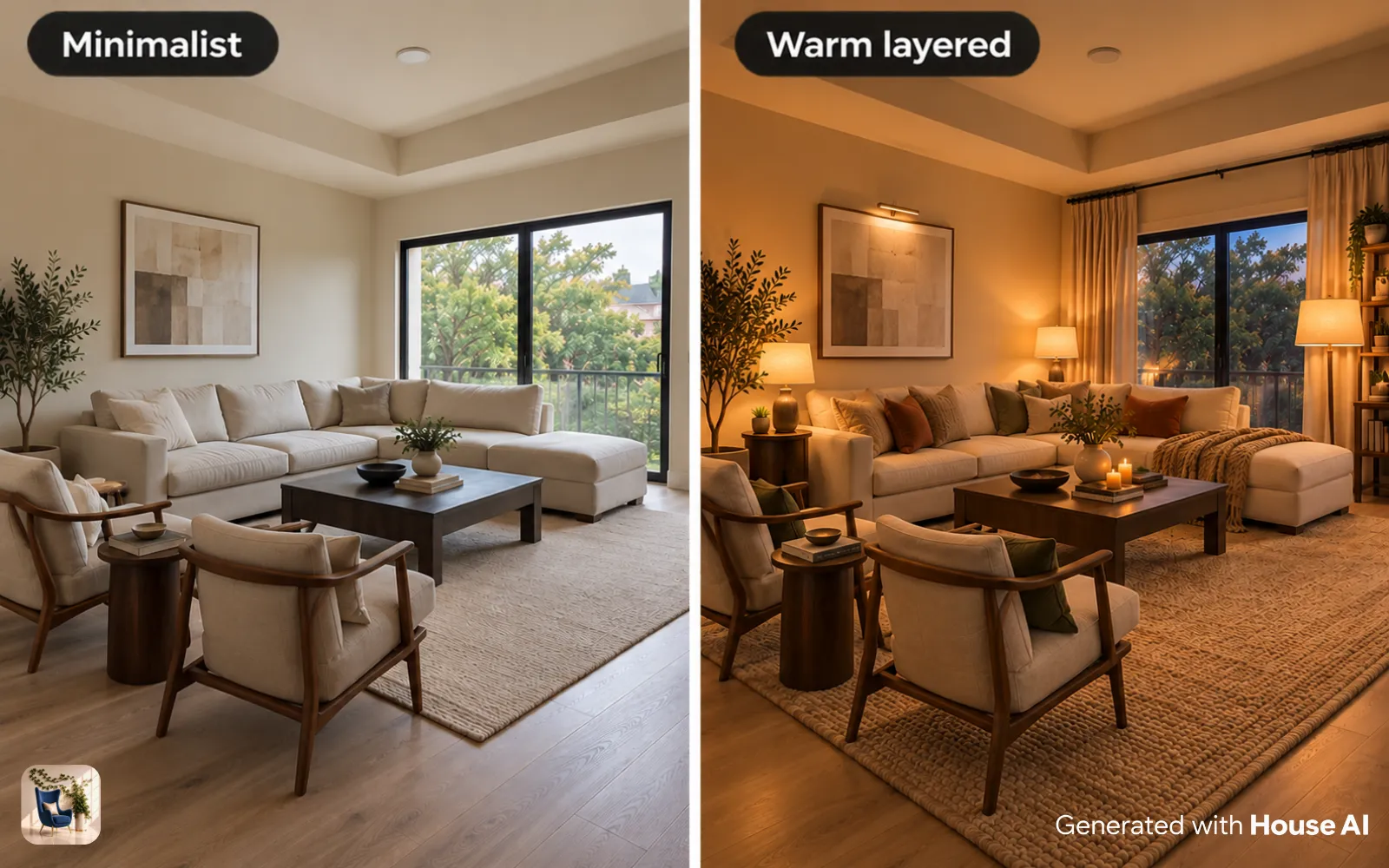 The same living room in a bare minimalist style and a warm layered style, side by side, with lamps lit on the right