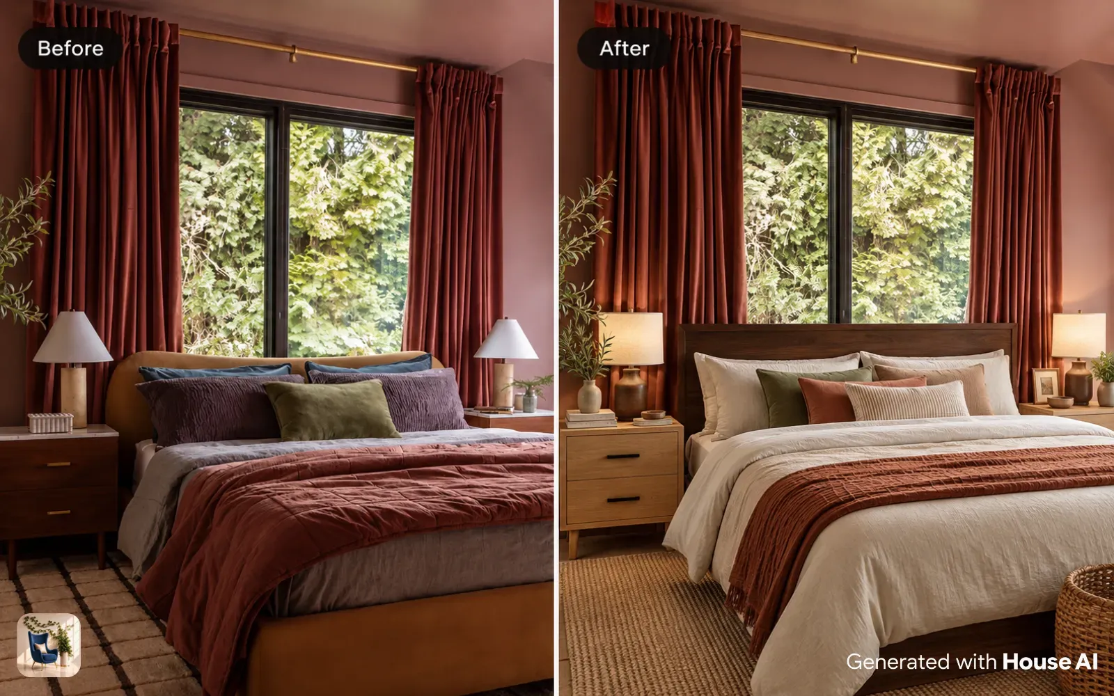 A bedroom before and after a restyle pairing a walnut headboard with pale oak nightstands and a jute rug