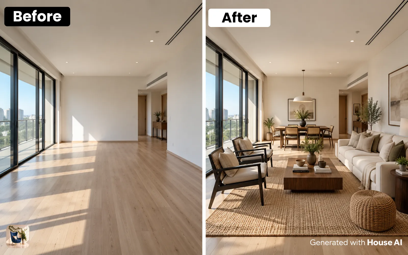 A living room before and after a restyle mixing a light oak floor, a walnut coffee table, and black wood chairs