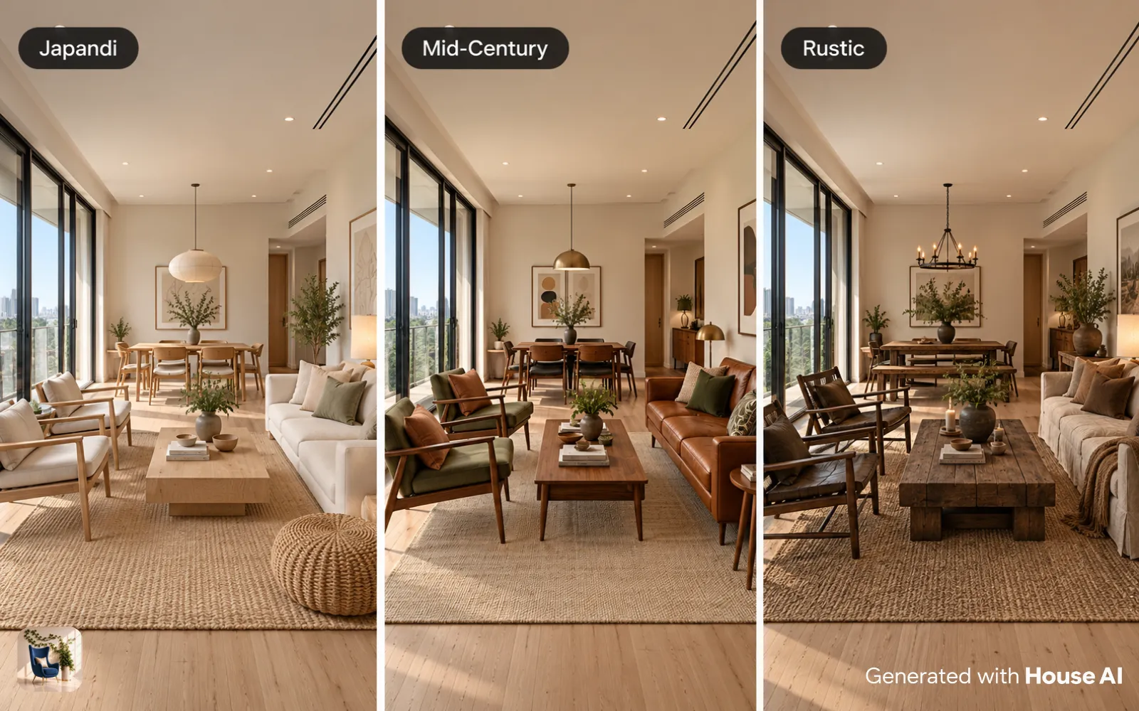 The same living room in Japandi, Mid-Century, and Rustic styles, side by side, from pale oak to dark rough wood