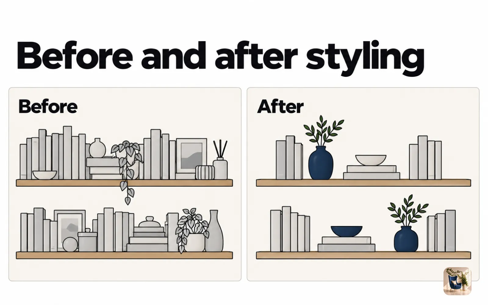 Diagram of the same shelf before and after styling, from crowded rows to grouped books with open space