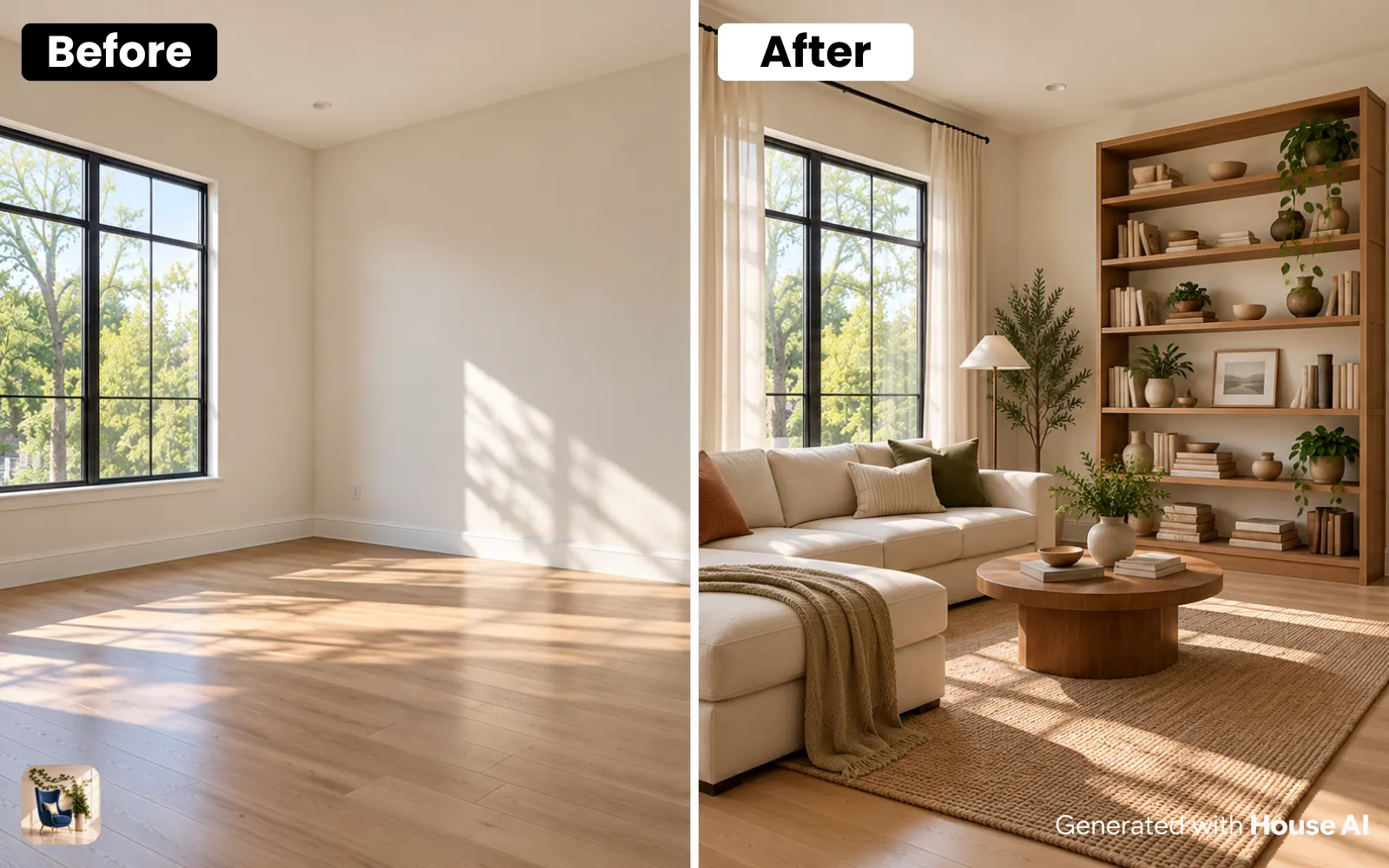 An empty living room before and after a restyle, with a tall open bookshelf holding books, vases, and plants