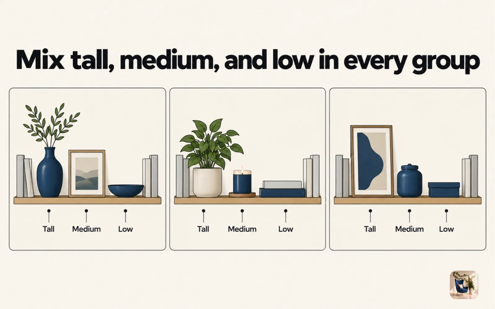 Diagram of three shelf groupings, each mixing a tall, a medium, and a low object with books
