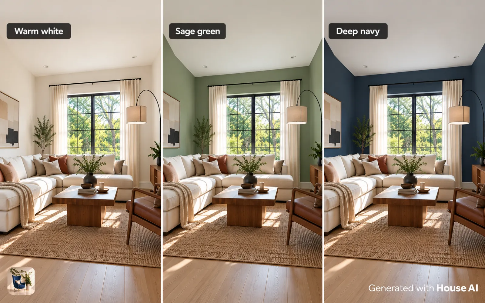The same living room wall in warm white, sage green, and deep navy, side by side with the sofa unchanged
