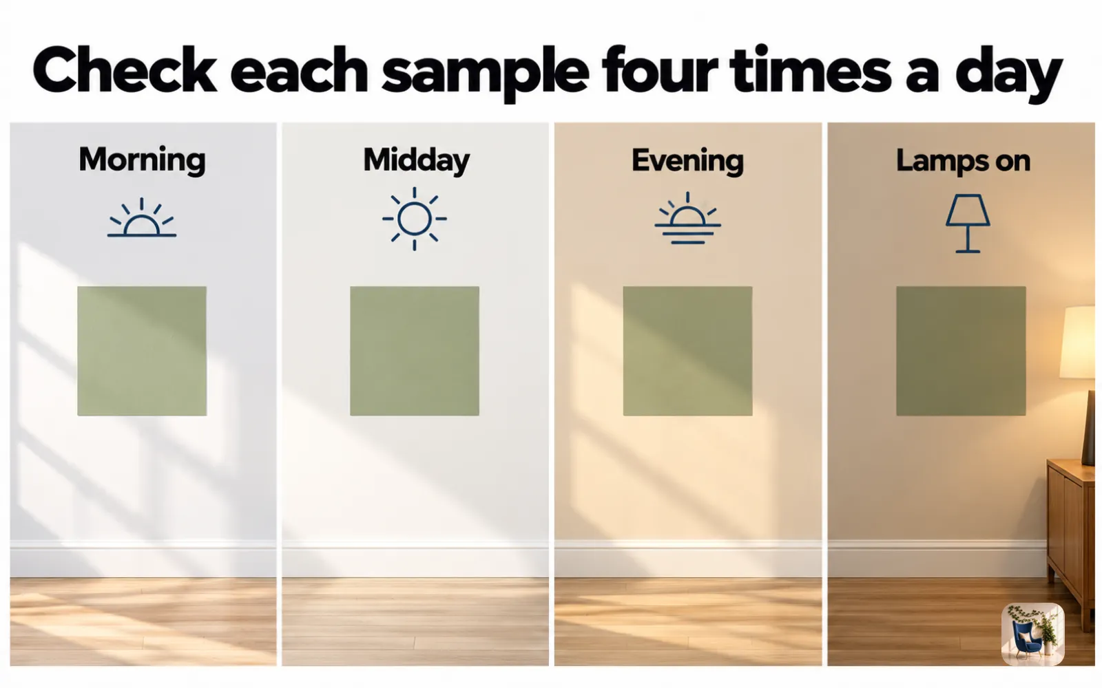 Diagram of one paint sample checked four times a day: morning, midday, evening, and under lamps at night