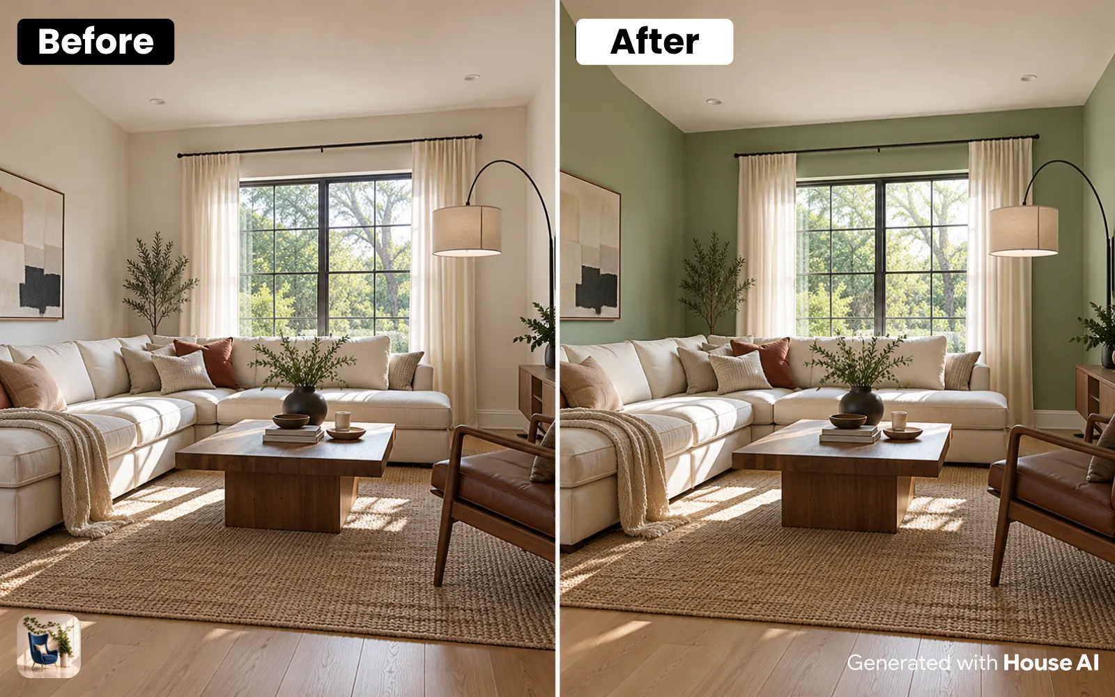 A living room before and after its walls are previewed in sage green, with the same sofa, window, and floor