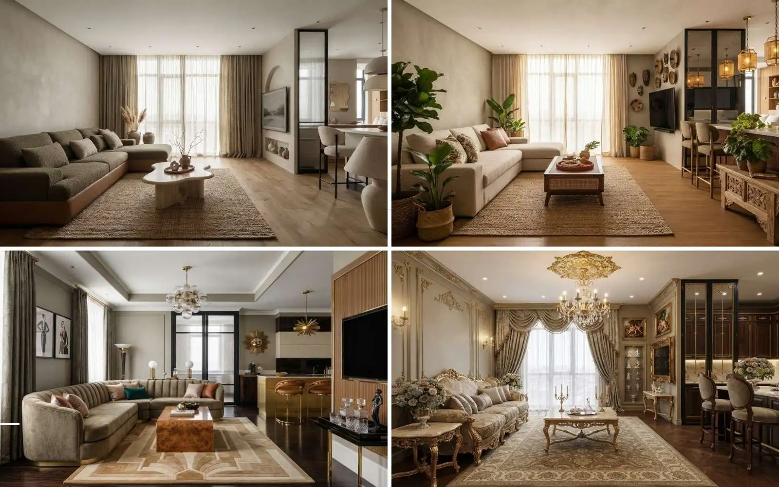 The same living room redesigned in four different styles