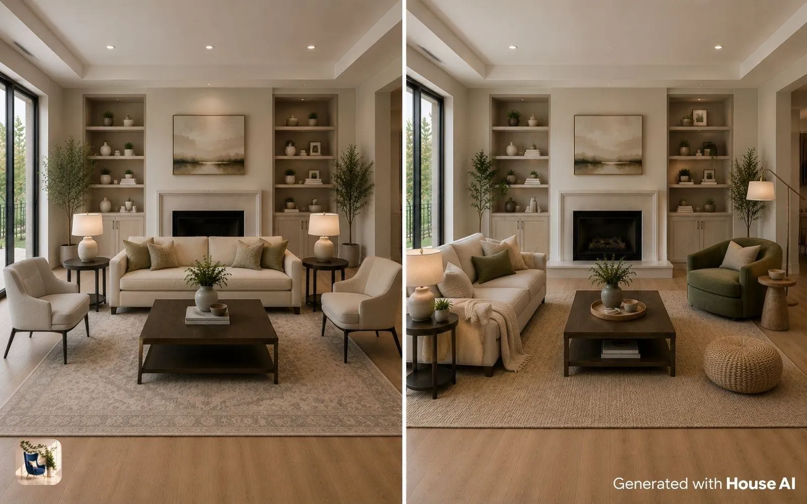 Living room arranged symmetrically beside the same room arranged asymmetrically