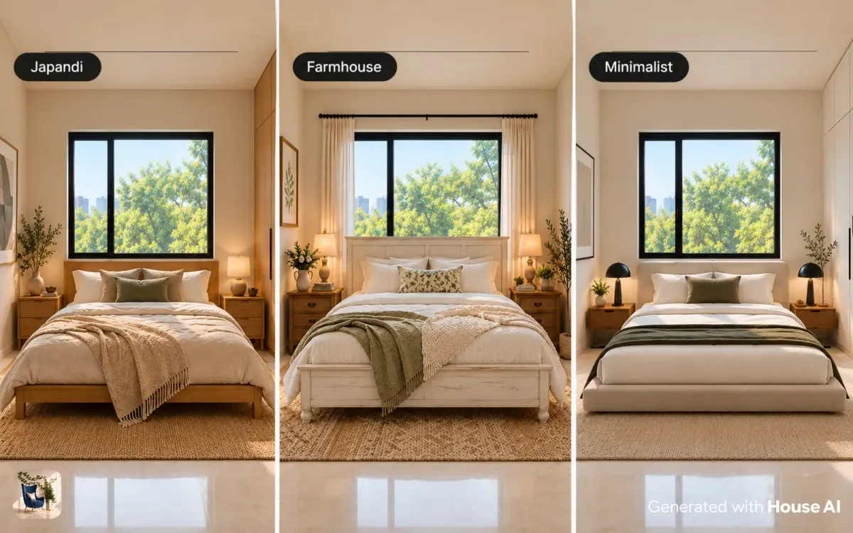 The same bedroom shown as three client concepts in Japandi, farmhouse, and minimalist styles, side by side
