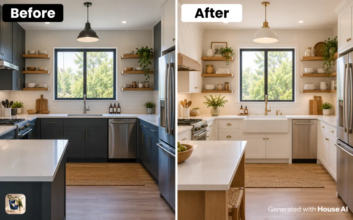 A kitchen before and after a farmhouse concept render, with white cabinets and open shelves by the same window