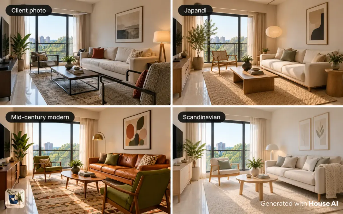 A client's living room photo next to three concept renders in Japandi, mid-century modern, and Scandinavian styles