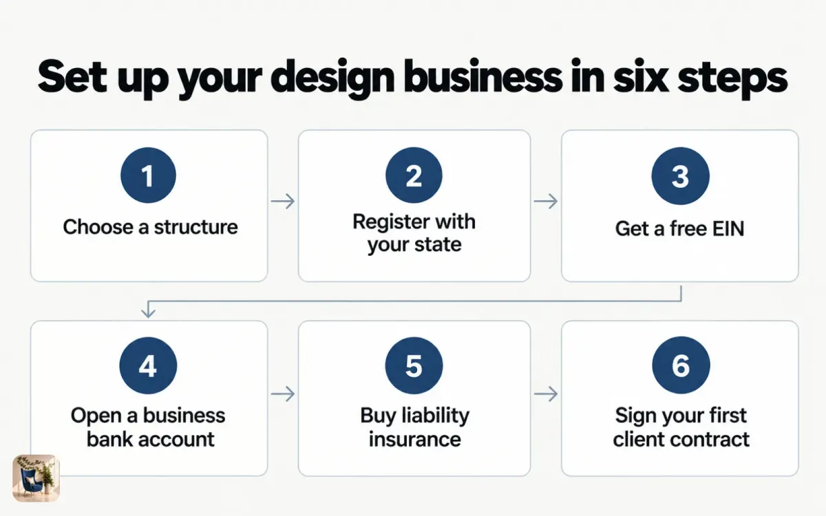 Diagram of six setup steps for a design business, from choosing a structure to signing the first client contract