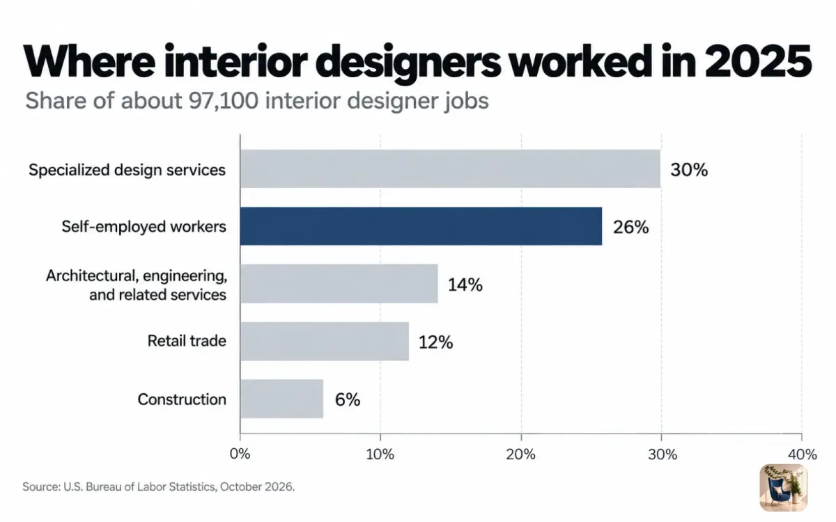 Bar chart of where interior designers worked in 2025, led by design firms at 30% and self-employed designers at 26%