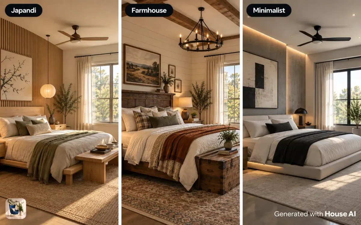 The same bedroom redesigned in Japandi, farmhouse, and minimalist styles, side by side