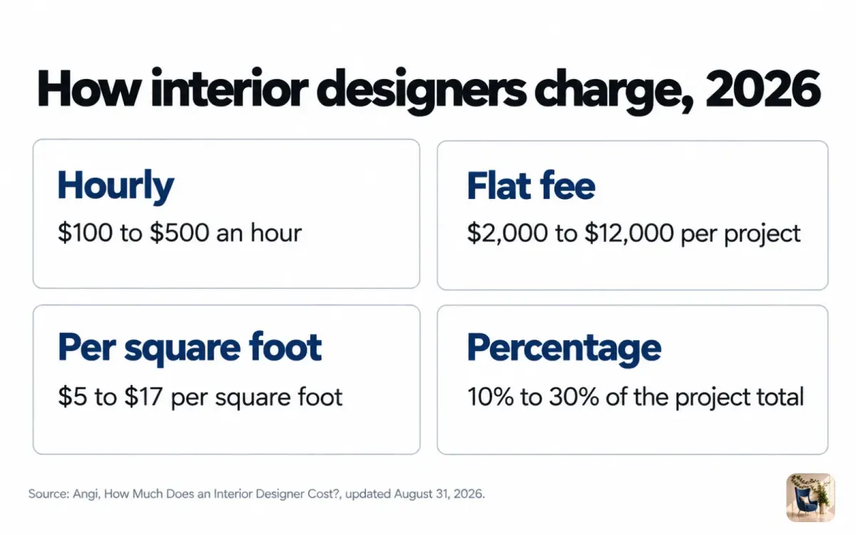 Chart of four interior designer fee models, from $100 an hour to 10% to 30% of the total project cost