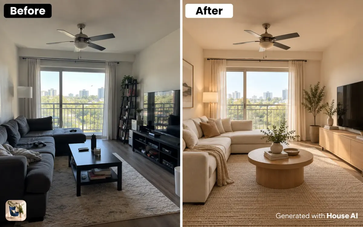 A lived-in living room before and after a Scandinavian restyle, with the same window, walls, and floor