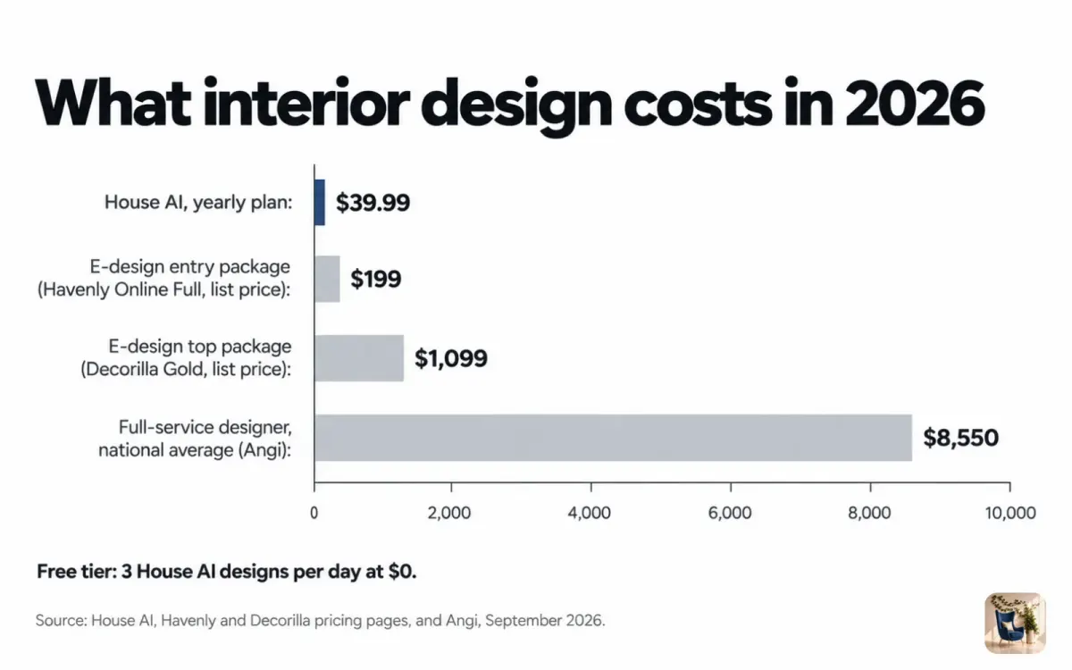 Bar chart of 2026 design costs, from $39.99 a year for an AI app to an $8,550 average for a full-service designer