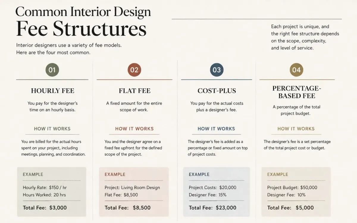 Chart comparing hourly, flat fee, cost plus, and percentage fee structures
