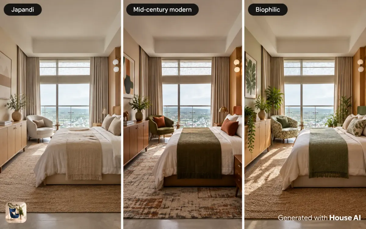 The same bedroom in Japandi, mid-century modern, and biophilic styles, side by side with the bed wall in place