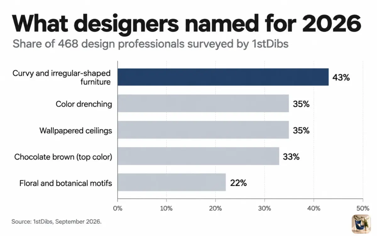 Bar chart of designer picks for 2026, led by curvy furniture at 43% and color drenching at 35%