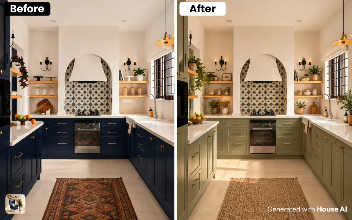 A kitchen before and after a farmhouse restyle, with painted cabinets and open shelves under the same window