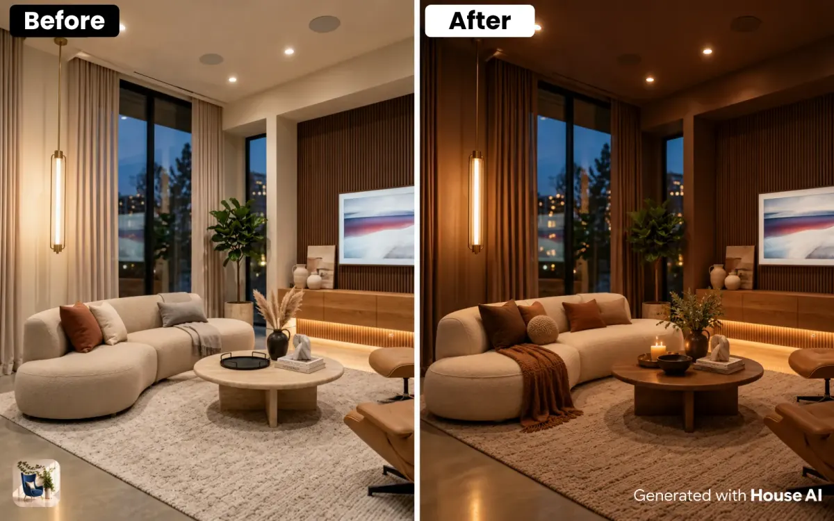 A living room before and after a chocolate brown color drench, with a curved cream sofa and a round wood table
