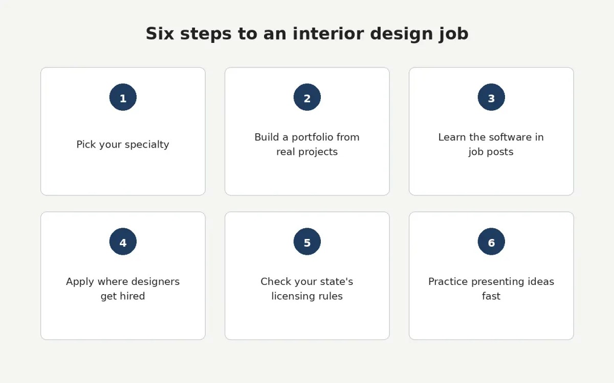 Diagram of six steps to an interior design job, from picking a specialty to presenting ideas fast