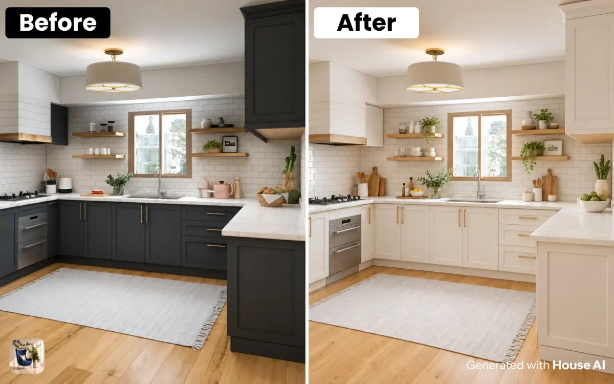 A kitchen before and after a Scandinavian redesign, with pale wood, white cabinets, and the window in the same place
