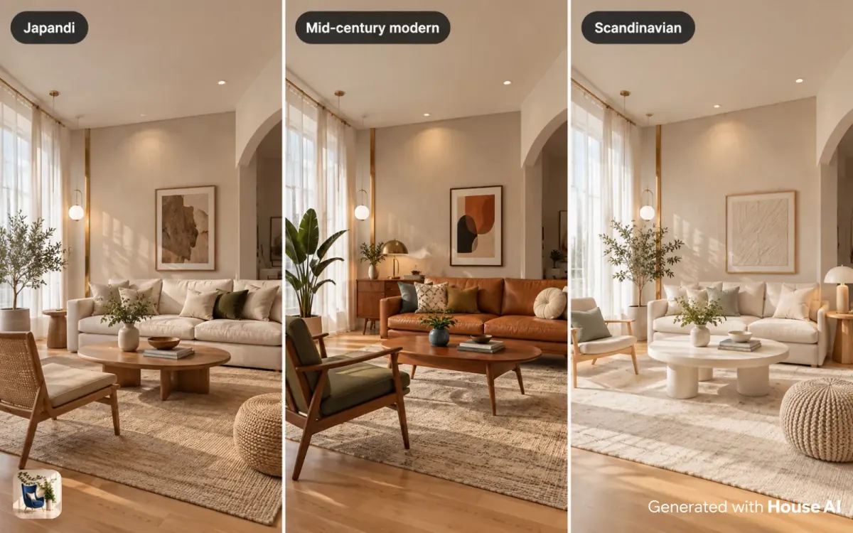 The same living room shown as three concept options in Japandi, mid-century modern, and Scandinavian styles