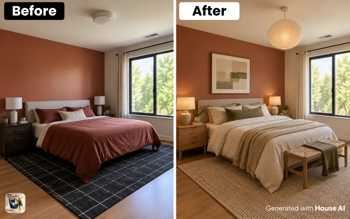 A bedroom before and after a Japandi refresh, with new bedding, two lamps, and a rug by the same window