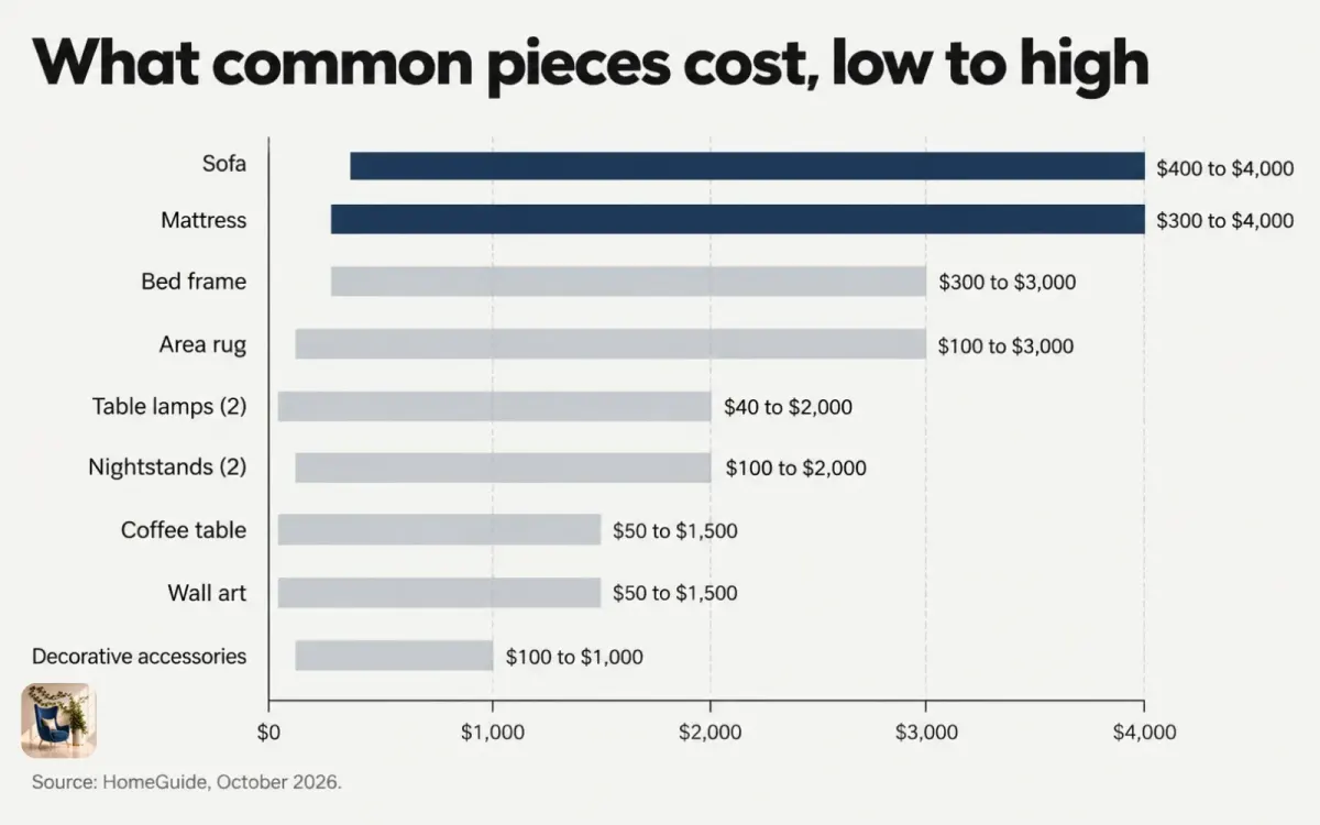 Range chart of furniture prices, from $40 for table lamps up to $4,000 for a sofa or a mattress