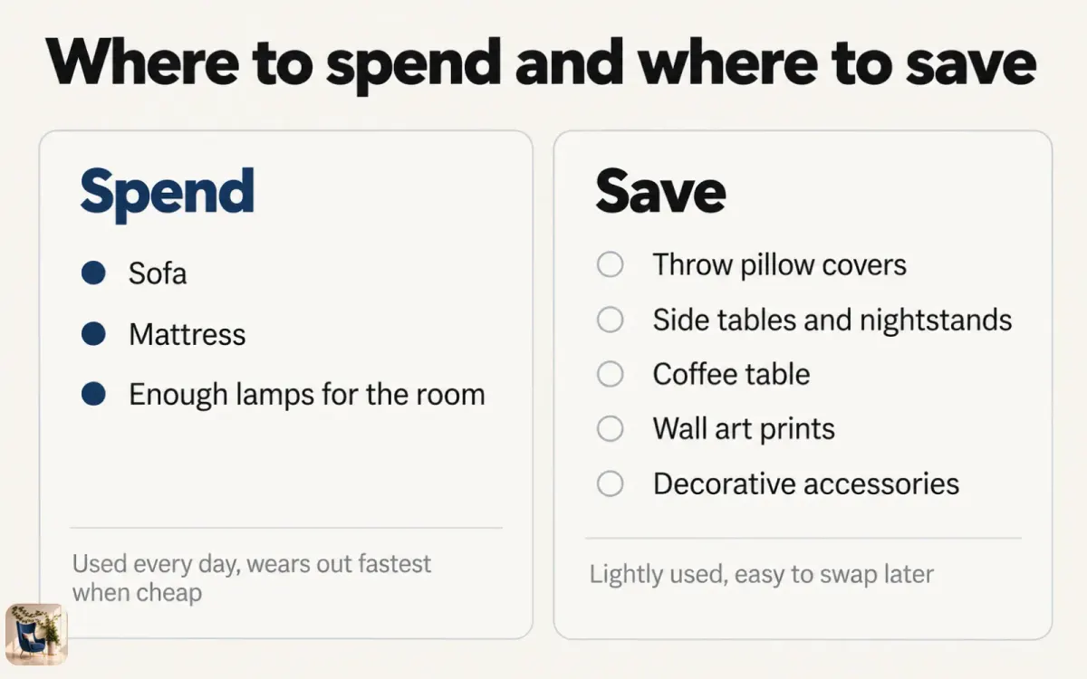 Diagram splitting common furniture into spend items like the sofa and mattress and save items like pillows and decor