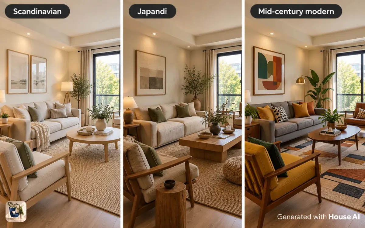 The same living room in Scandinavian, Japandi, and mid-century modern styles, side by side