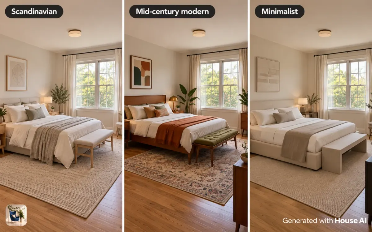 The same bedroom in Scandinavian, mid-century modern, and minimalist concept directions, shown side by side