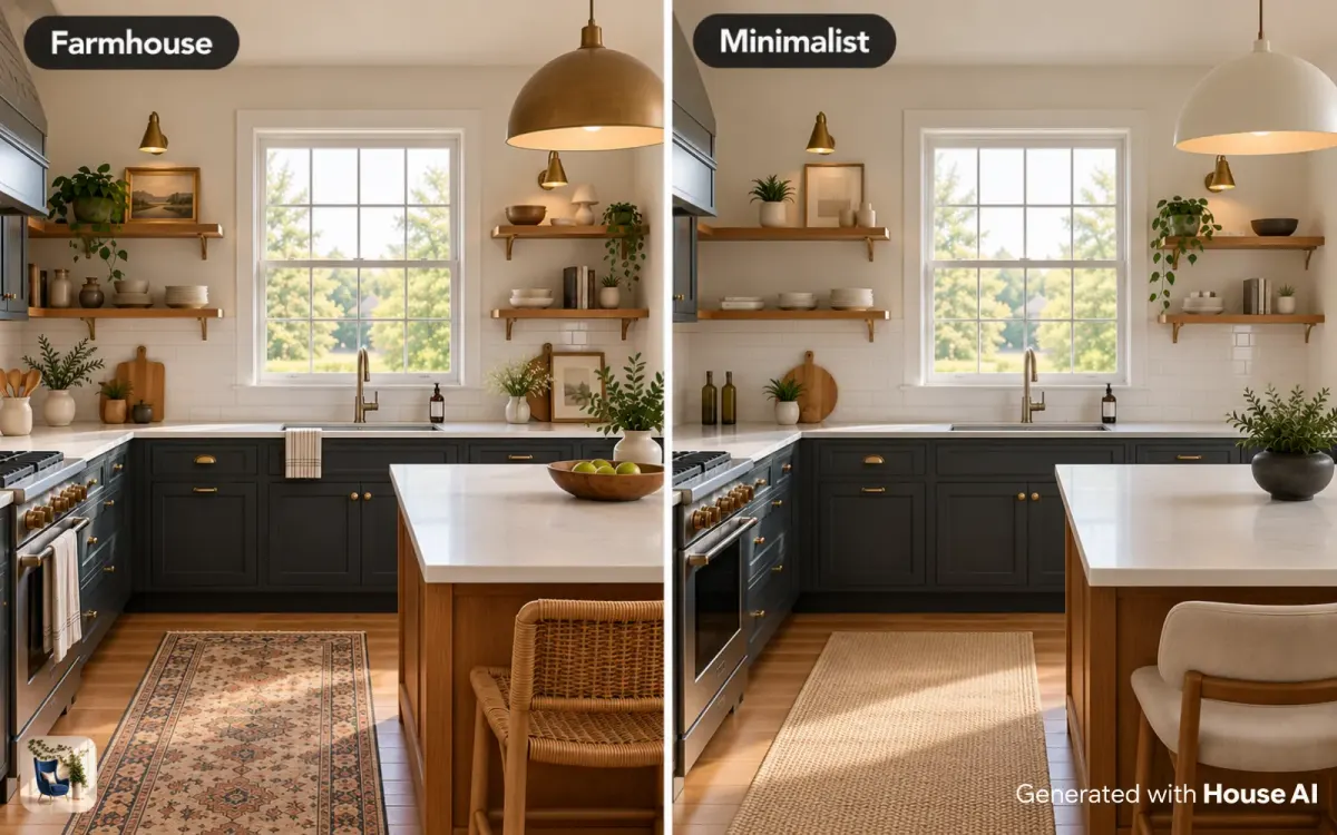The same kitchen in farmhouse and minimalist concept versions, with the cabinet layout and window in place