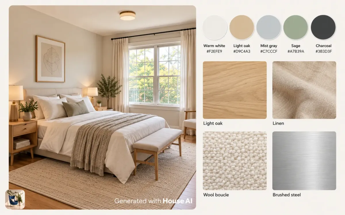 Mood board built around a Scandinavian bedroom design, with five paint swatches and four material samples
