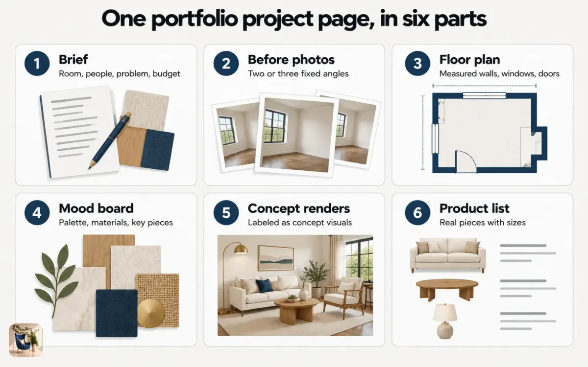 Diagram of one portfolio project page laid out in six parts, from brief and before photos to product list