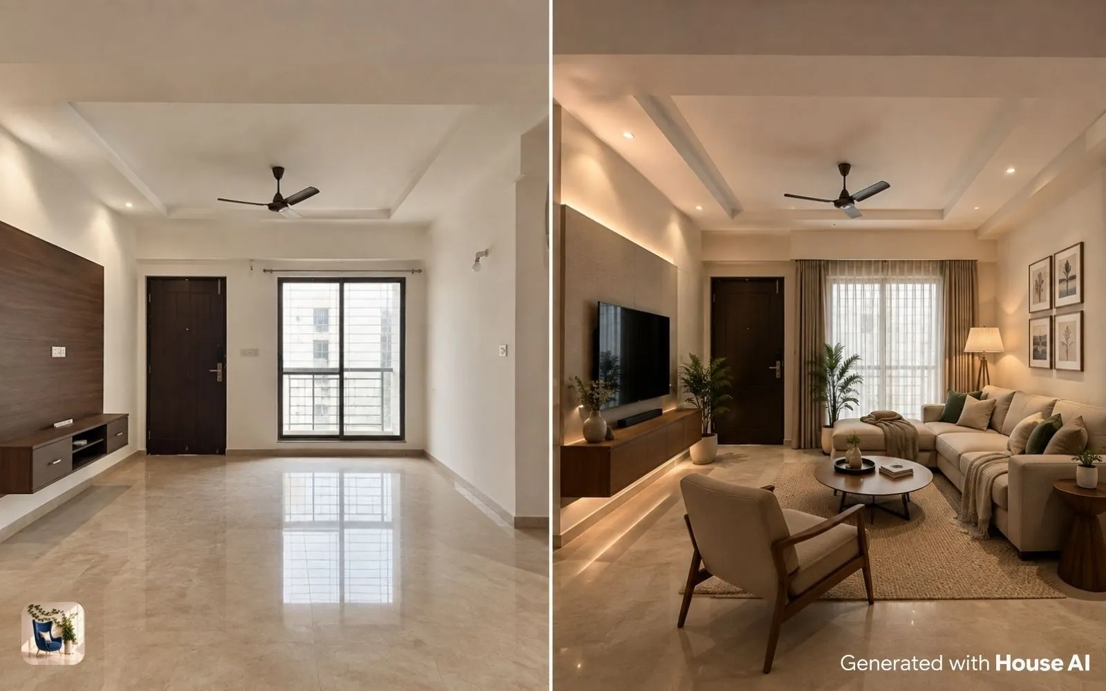 Student portfolio page showing a photographed room and its AI redesign side by side