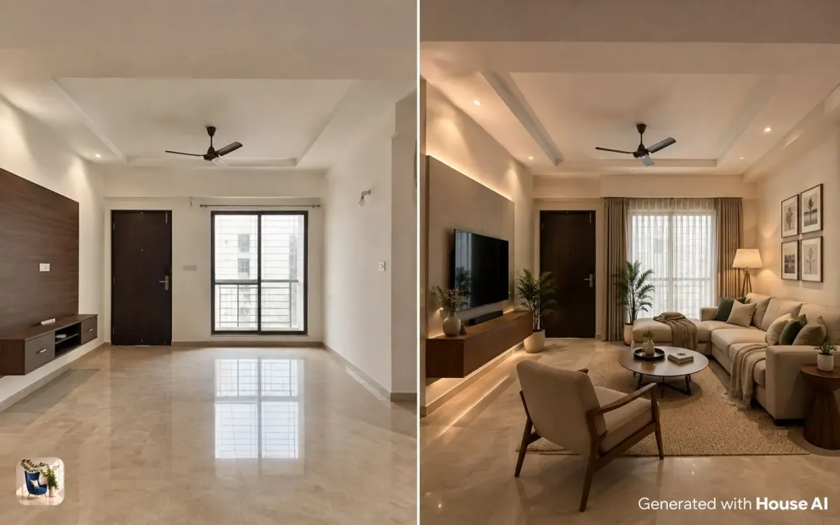 Student portfolio page showing a photographed room and its AI redesign side by side