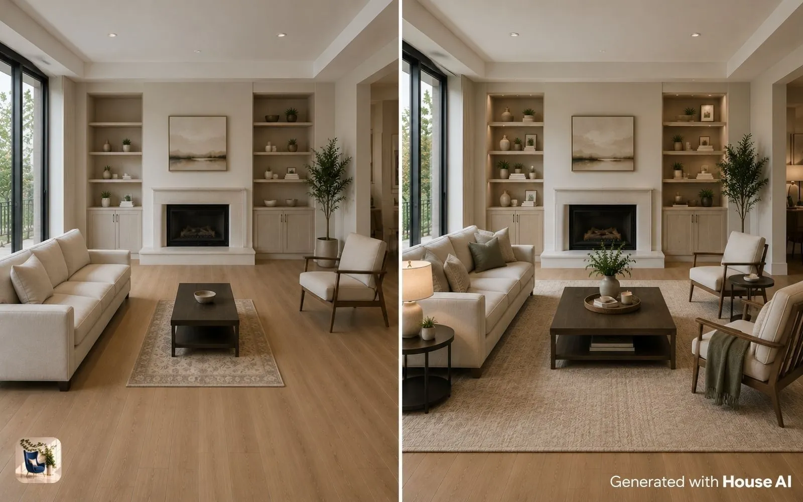 The same living room with an undersized rug and then with a correctly scaled rug