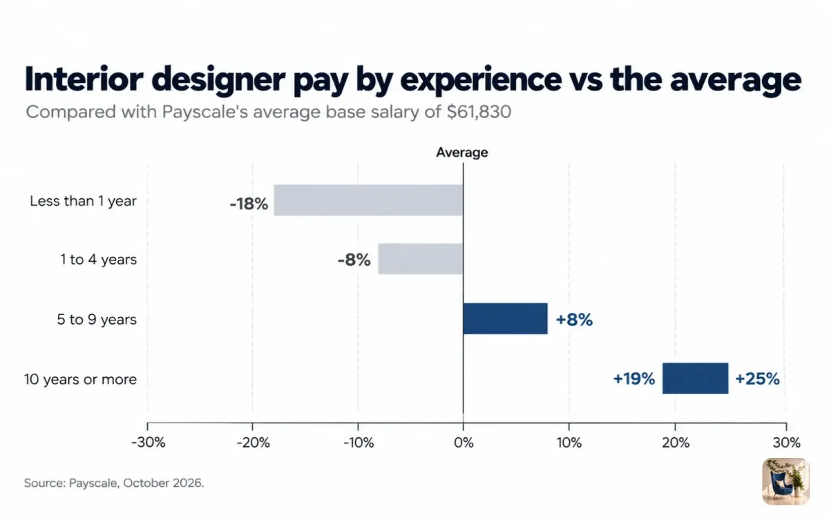 Bar chart of interior designer pay by experience against the average, from 18% below to 25% above