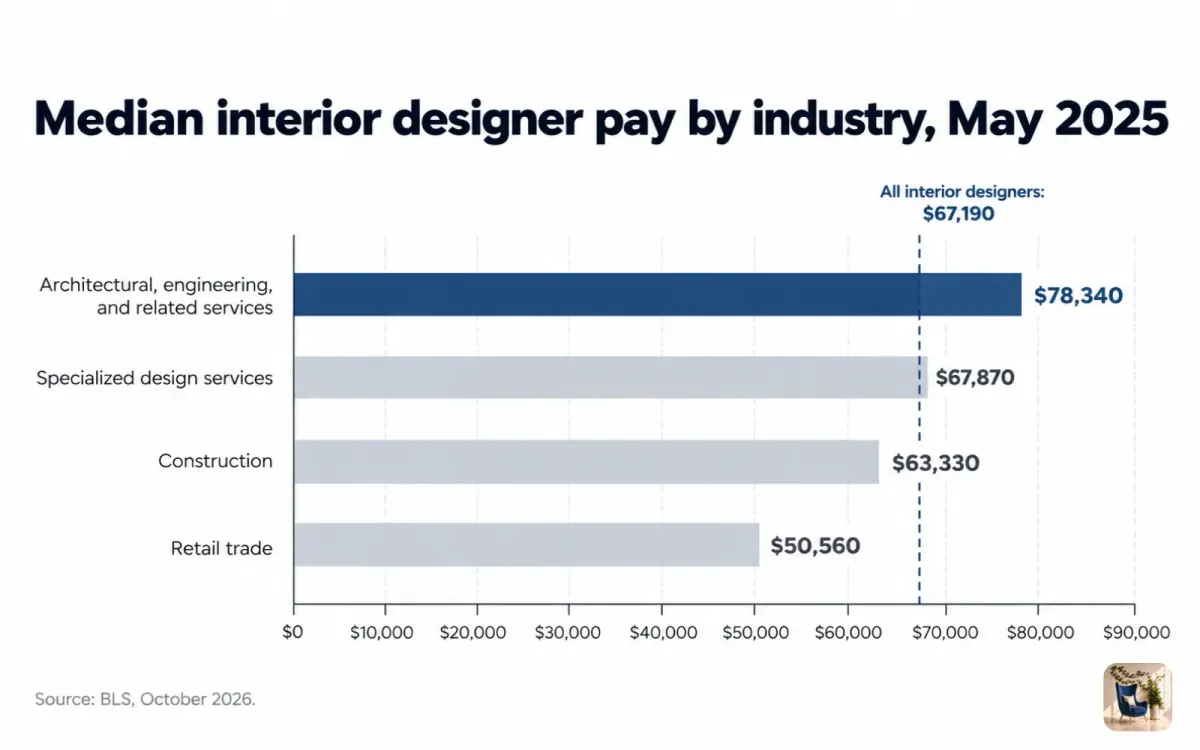 Bar chart of median interior designer pay by industry, led by architecture and engineering firms at $78,340