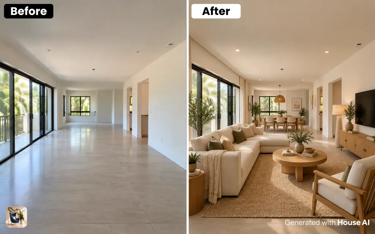 A living room before and after a Japandi concept, with the same window, walls, and floor