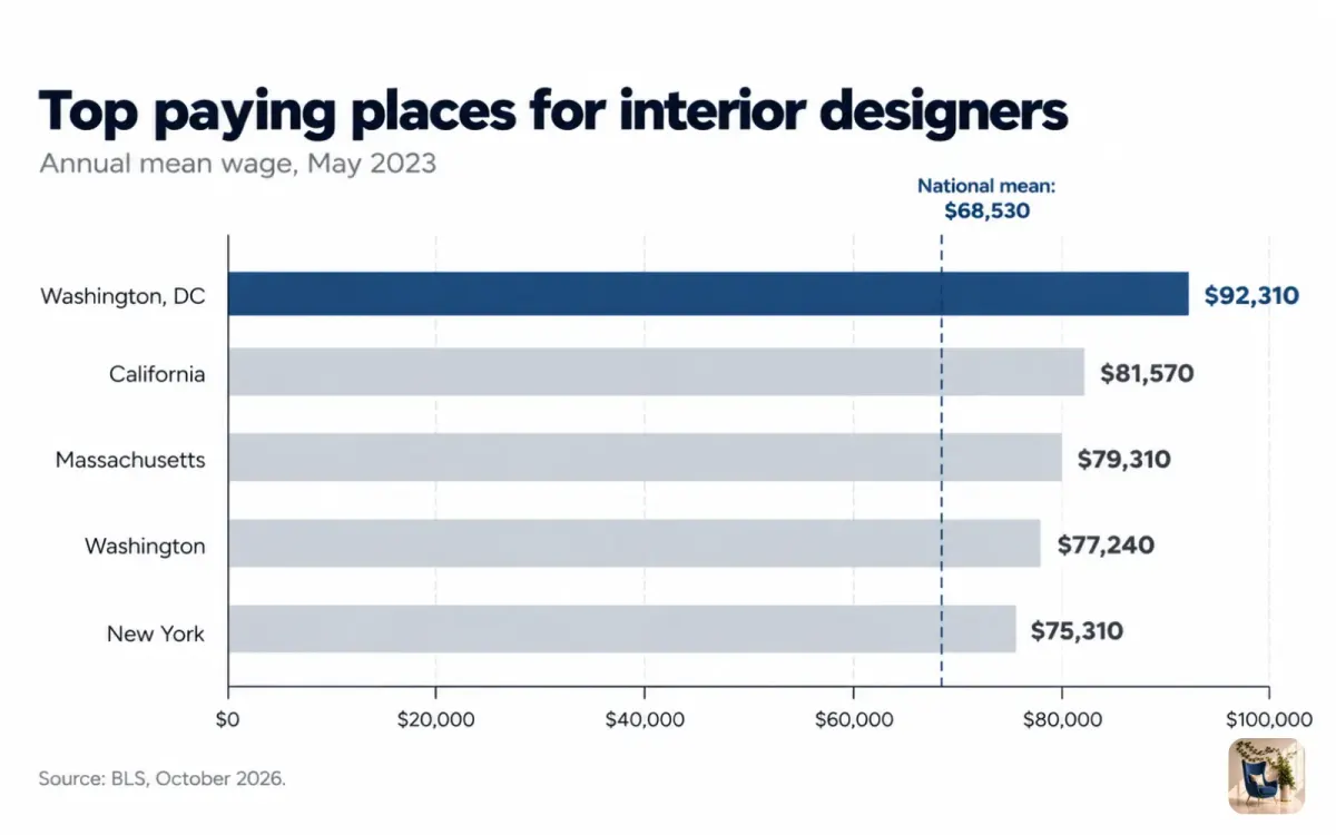 Bar chart of the top paying places for interior designers, led by Washington, DC, at $92,310