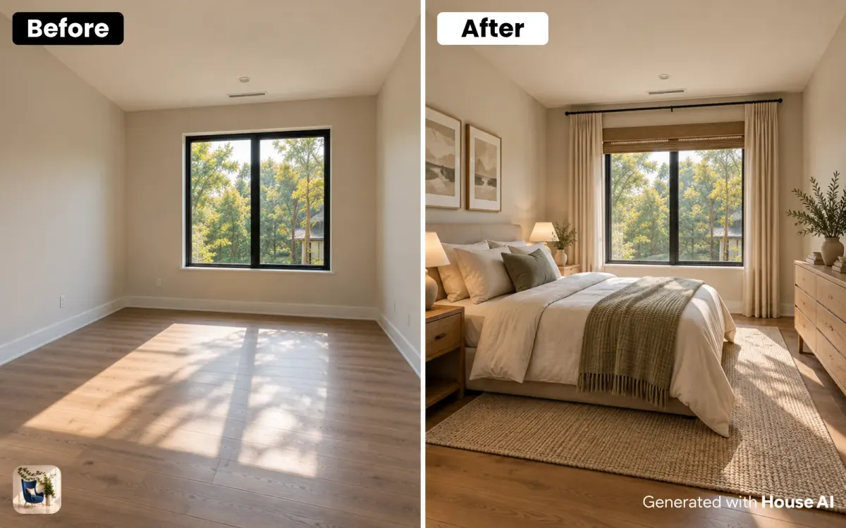An empty bedroom before and after a Scandinavian redesign, with the same window and walls in both halves